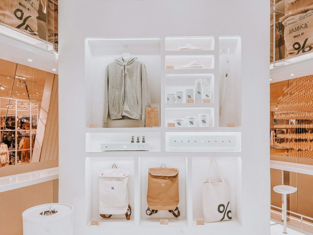 Merchandise in modern minimal futuristic cafe