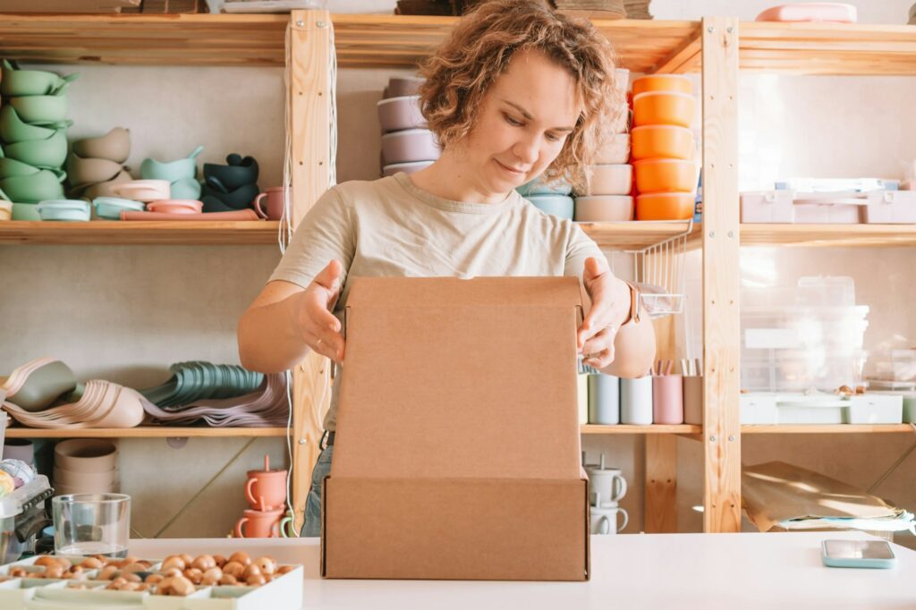 Smiling blond curly woman packing and wrapping shipment, silicone baby dishes in cardboard delivery